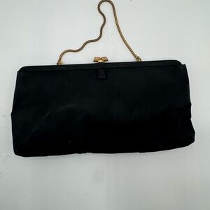 Vintage Black Satin Evening Clutch Gold Chain Kiss Lock 1950s 1960s